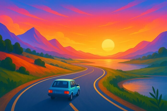 Colorful digital artwork of a blue car driving on a winding road at sunset in Slow Roads style, representing relaxing and stress-free gaming.